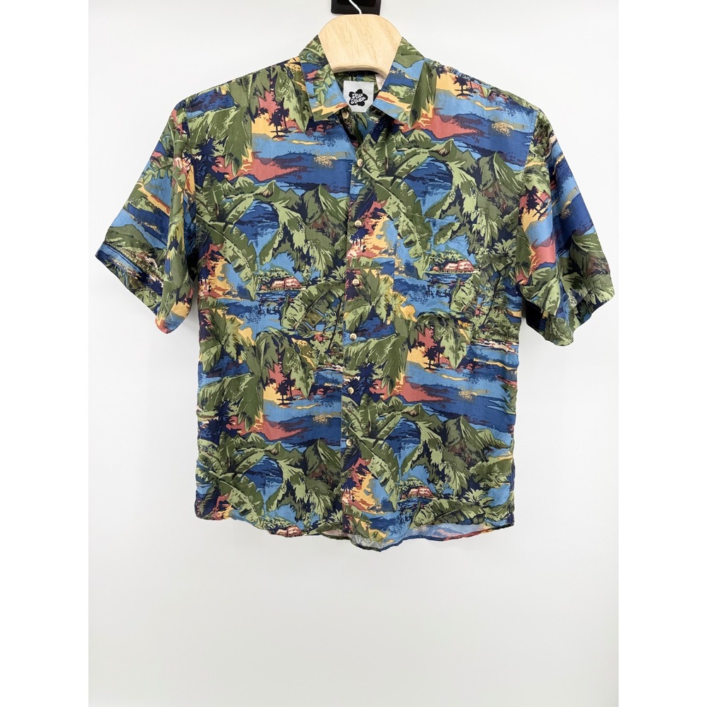 Hilo Hattie Tropical Silk Button Down Shirt L Blue Hawaiian 100% Silk Aloha